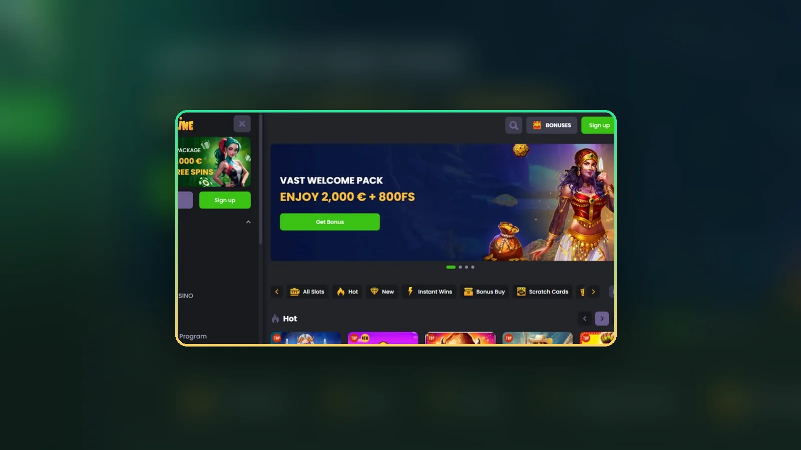 La lobby di Spinline con slot e giochi live